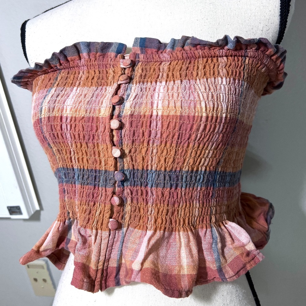 American Eagle Crop Top size M Bandeau Top Cotton Linen Plaid Button Ruffle